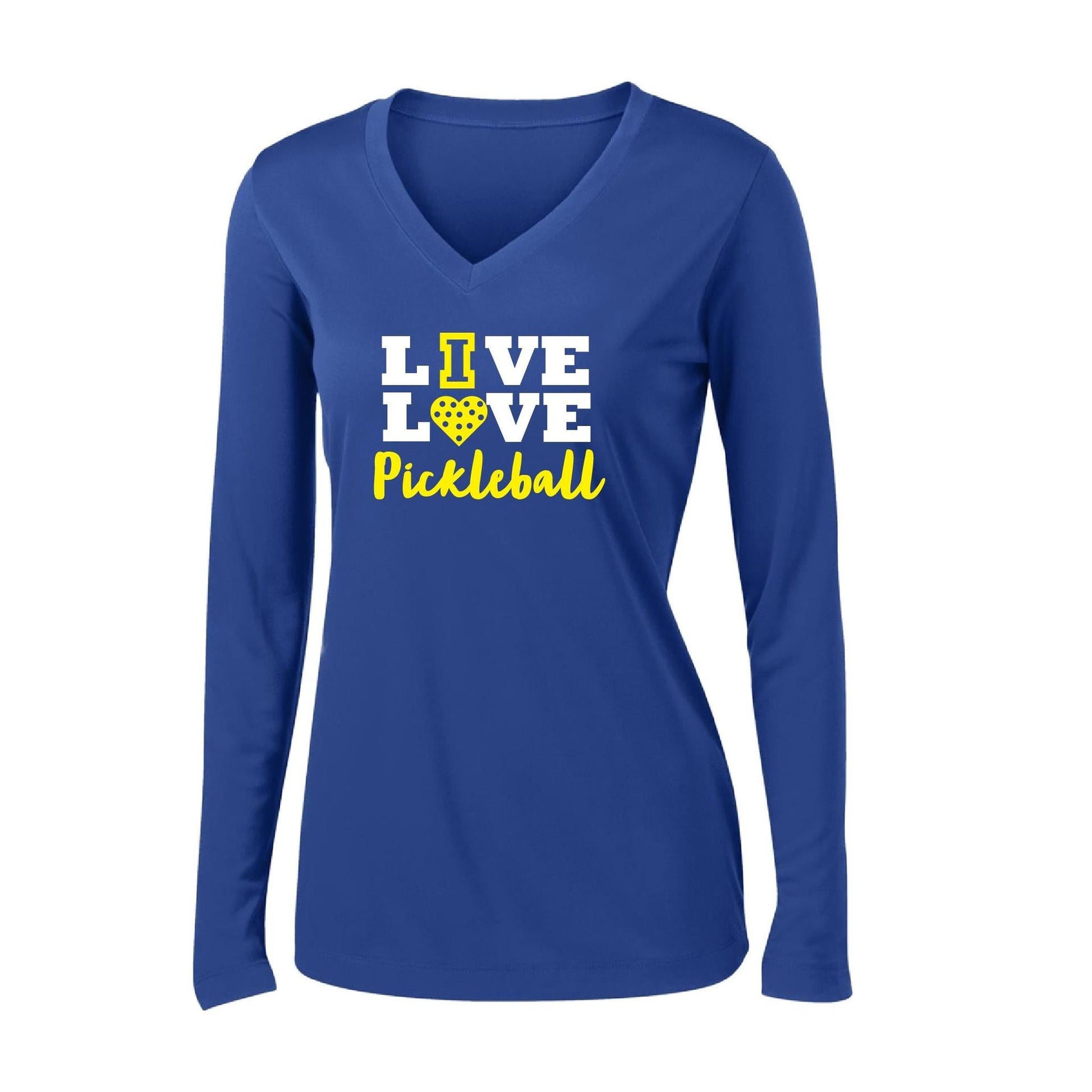 Live Love Pickleball | Women's Long Sleeve V-Neck Pickleball Performance T-Shirts | 100% Polyester