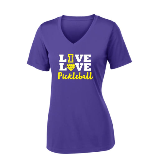 Live Love Pickleball | Women's Short Sleeve V-Neck Pickleball Performance T-Shirts | 100% Polyester