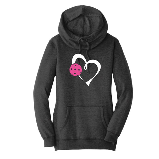 Love Pickleball (Pink) | Women’s Cowl-Neck Hoodie Pickleball Sweatshirt | 55% Cotton 45% Poly Fleece