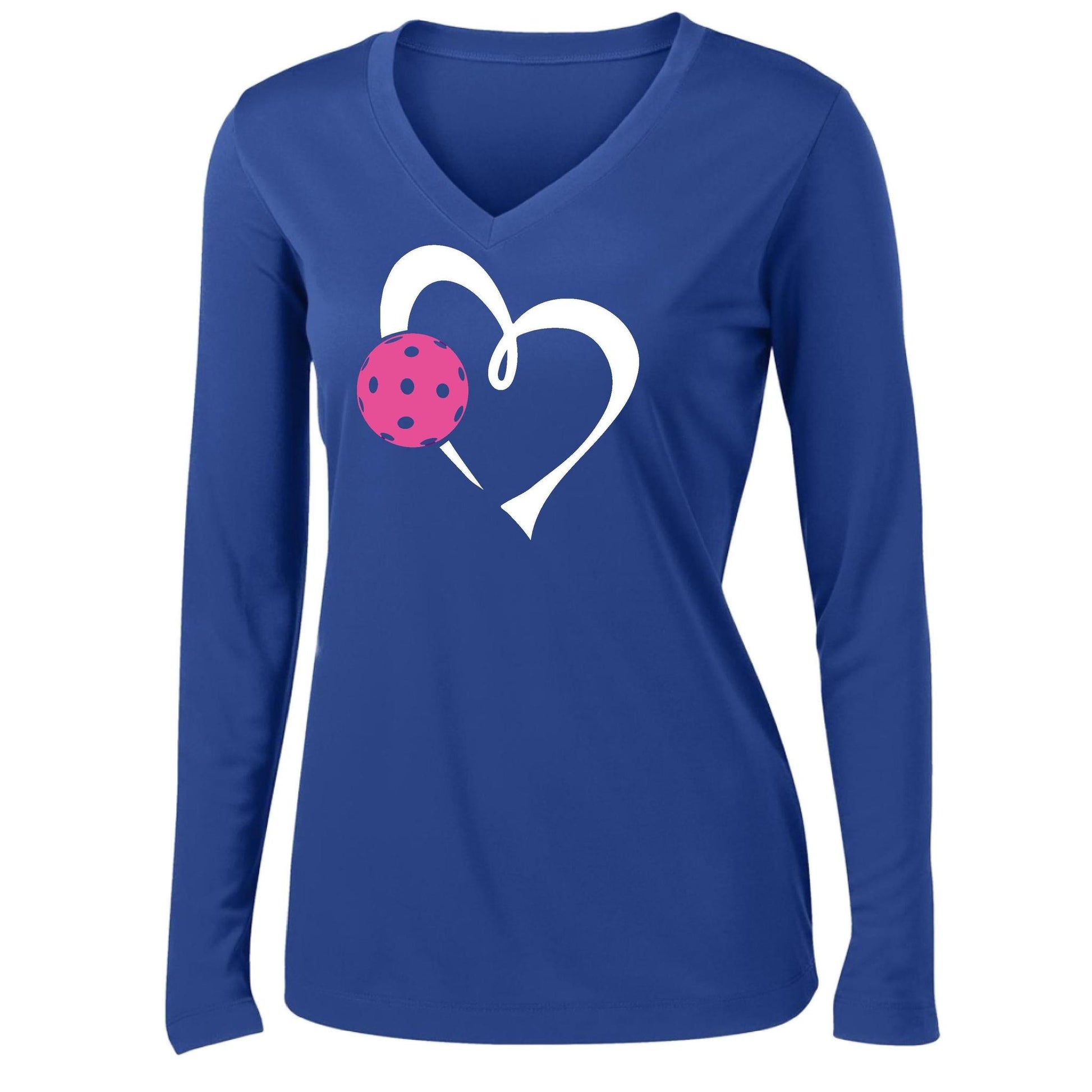 Love Pickleball (Pink) | Women's Long Sleeve V-Neck Pickleball Performance T-Shirts | 100% Polyester