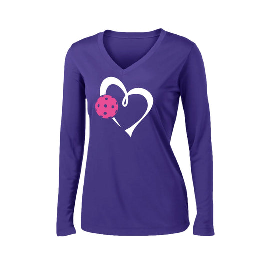 Love Pickleball (Pink) | Women's Long Sleeve V-Neck Pickleball Performance T-Shirts | 100% Polyester