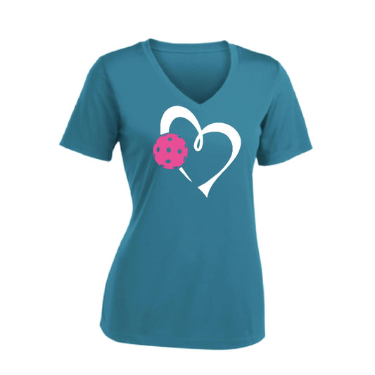 Love Pickleball (Pink) | Women's Short Sleeve V-Neck Pickleball Performance T-Shirts | 100% Polyester