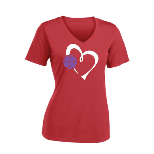 Love Pickleball (Purple) | Women's Short Sleeve V-Neck Pickleball Performance T-Shirts | 100% Polyester
