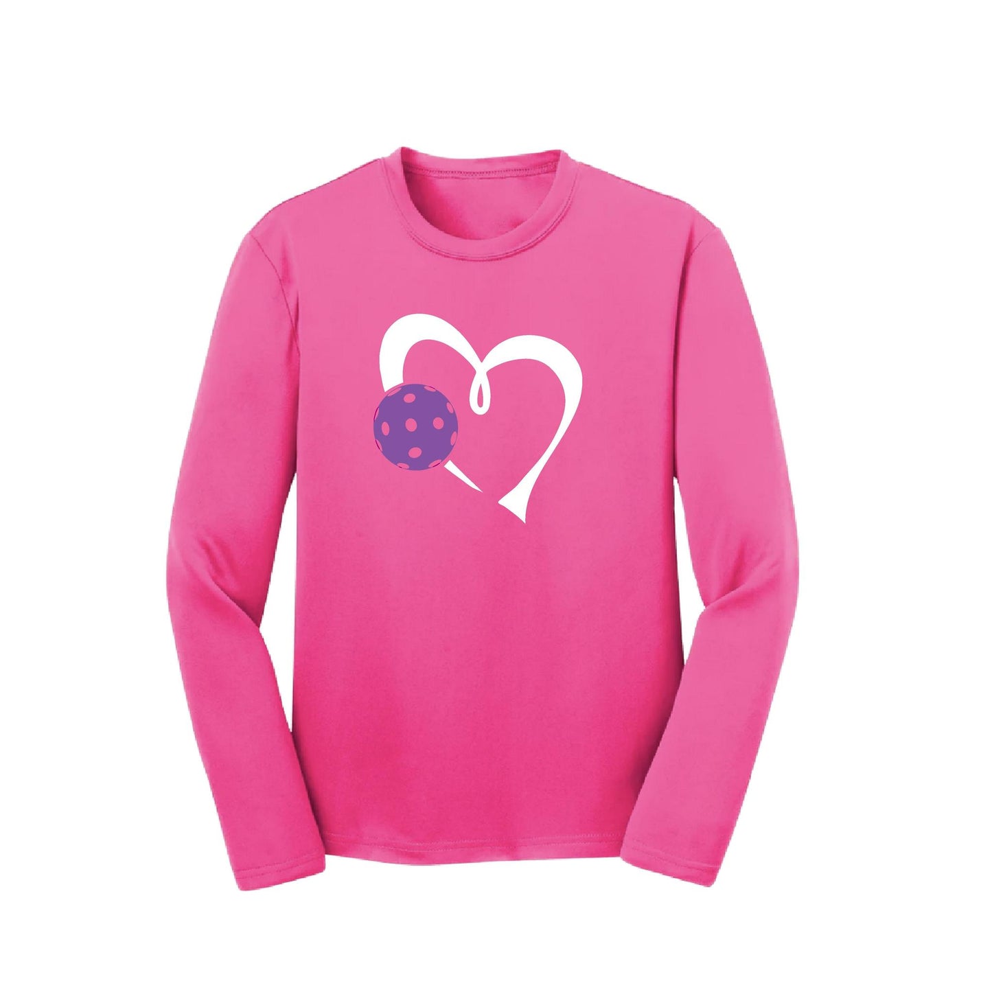 Love Pickleball (Purple) | Youth Long Sleeve Pickleball Performance T-Shirts | 100% Polyester
