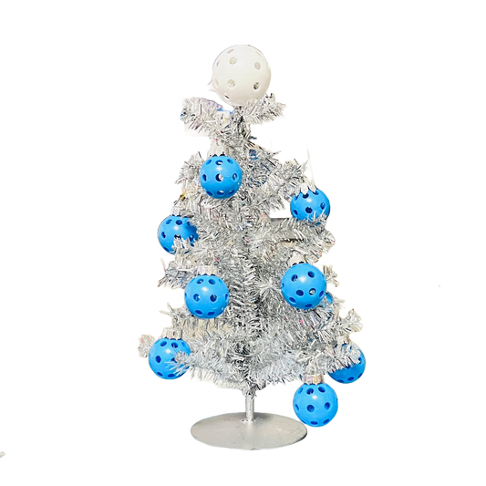 Small Silver Christmas Tree With Twelve Micro Pickleball Ornaments | Pickleball Christmas Gifts And Decor