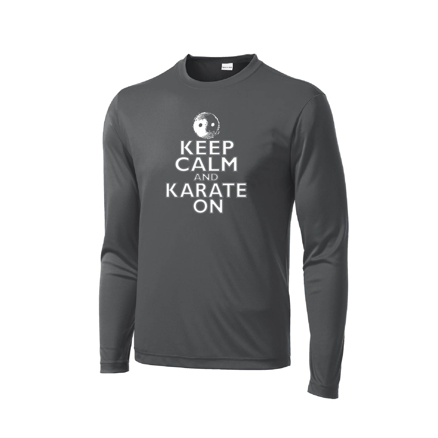 Keep Calm and Karate On (Grey Outlined) | Men's Long Sleeve Athletic Karate Performance T-Shirt | 100% Polyester