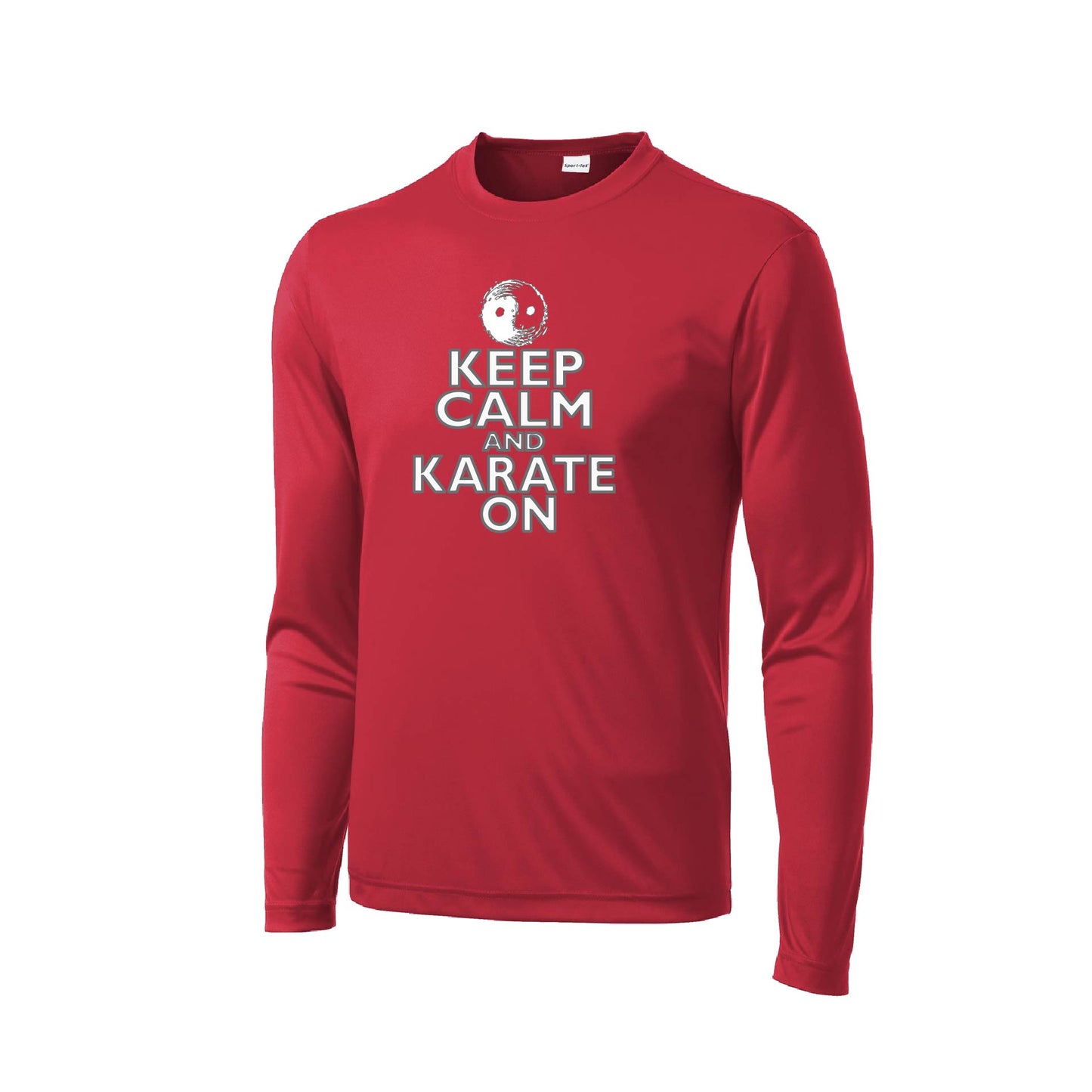 Keep Calm and Karate On (Grey Outlined) | Men's Long Sleeve Athletic Karate Performance T-Shirt | 100% Polyester
