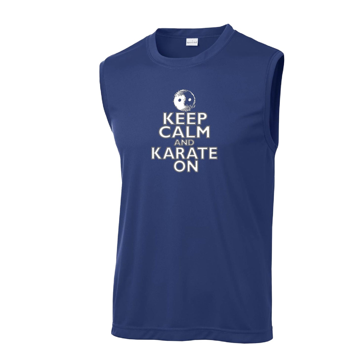 Keep Calm and Karate On (Grey Outlined) | Men's Sleeveless Athletic Karate Performance T-Shirt | 100% Polyester