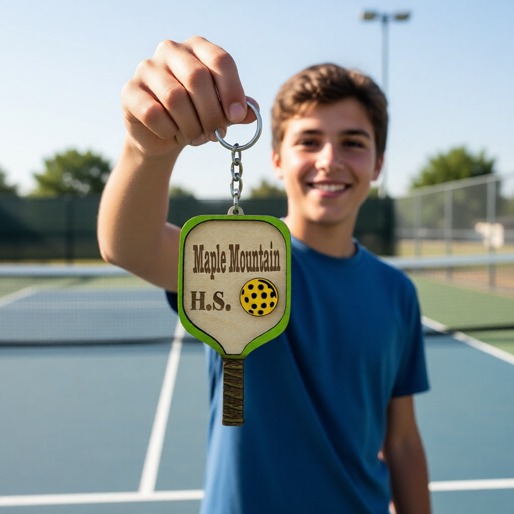 Set of 10 Maple Mountain Custom Pickleball Paddle Keychain Personalized Balsa Wood Keychain Pickleball Player Gift Pickleball Team Gift Paddle Bag Charm