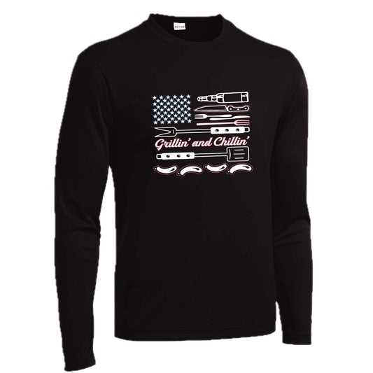 Grillin' and Chillin' | Men's Long Sleeve Camping Shirt | 100% Polyester