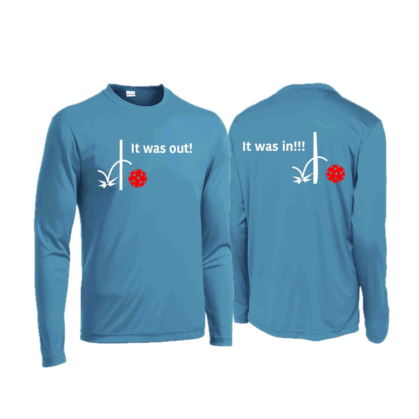 It Was Out! It Was In! (Pickleballs Red White Yellow) | Men's Long Sleeve  Performance Athletic Performance Shirt | 100% Polyester