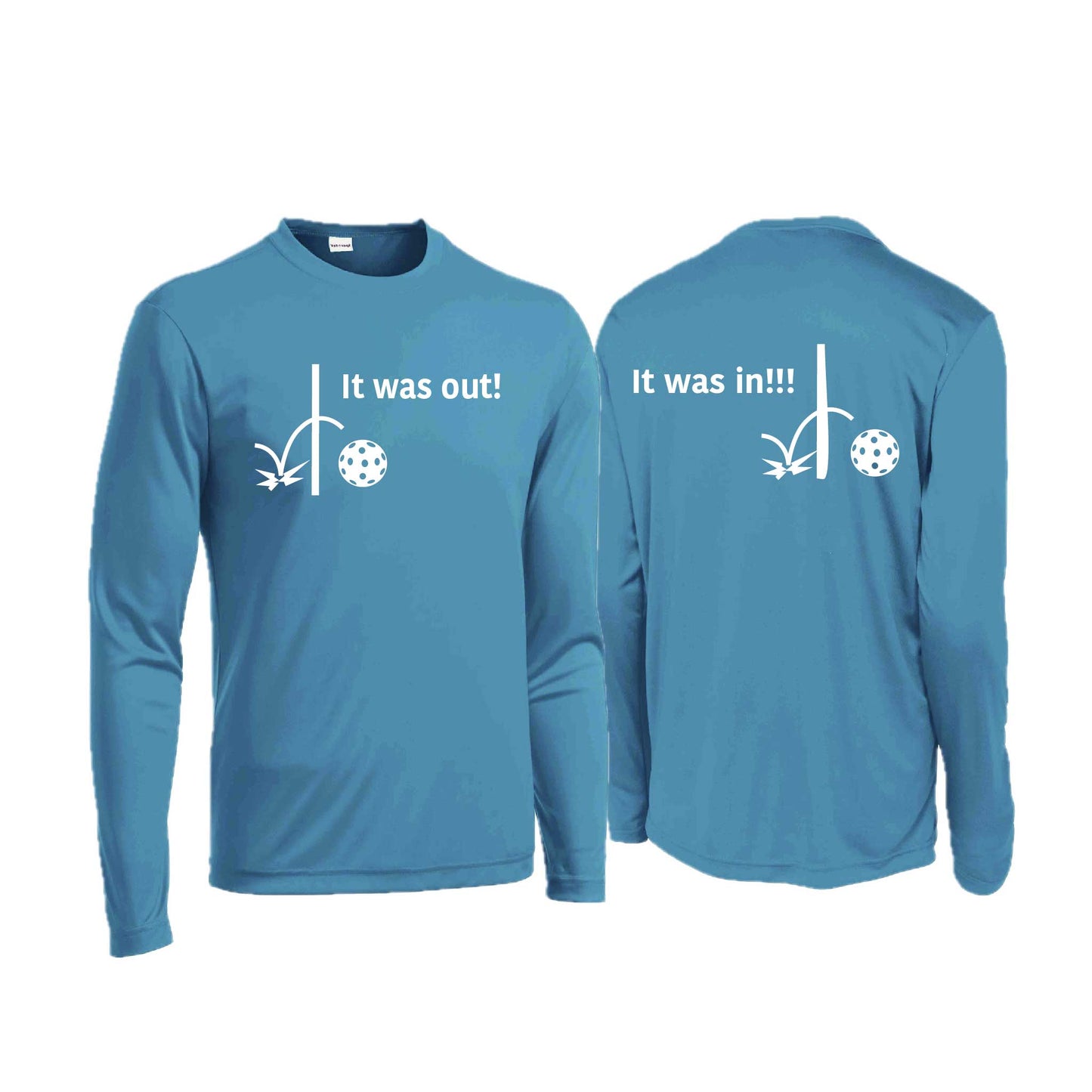 It Was Out! It Was In! (Pickleballs Red White Yellow) | Men's Long Sleeve  Performance Athletic Performance Shirt | 100% Polyester