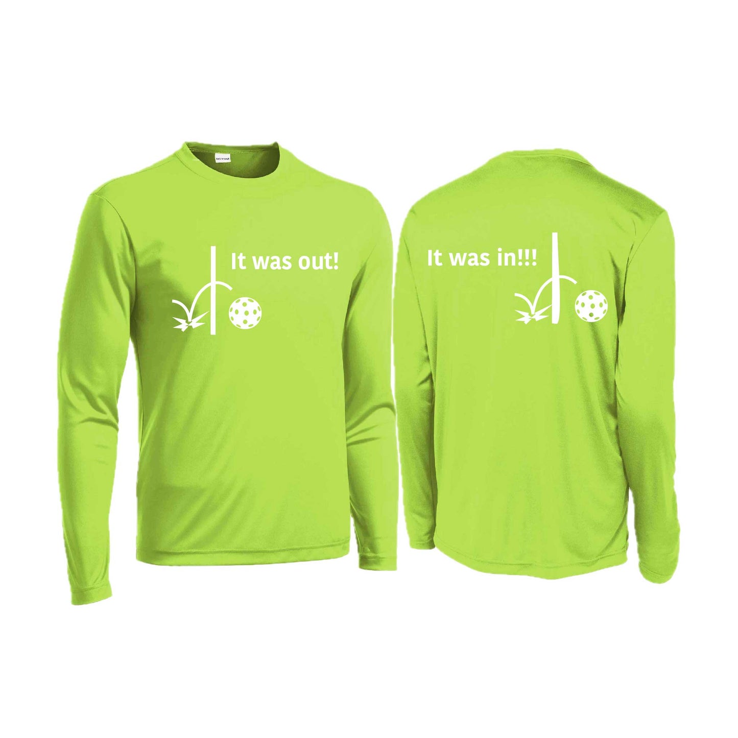 It Was Out! It Was In! (Pickleballs Red White Yellow) | Men's Long Sleeve  Performance Athletic Performance Shirt | 100% Polyester