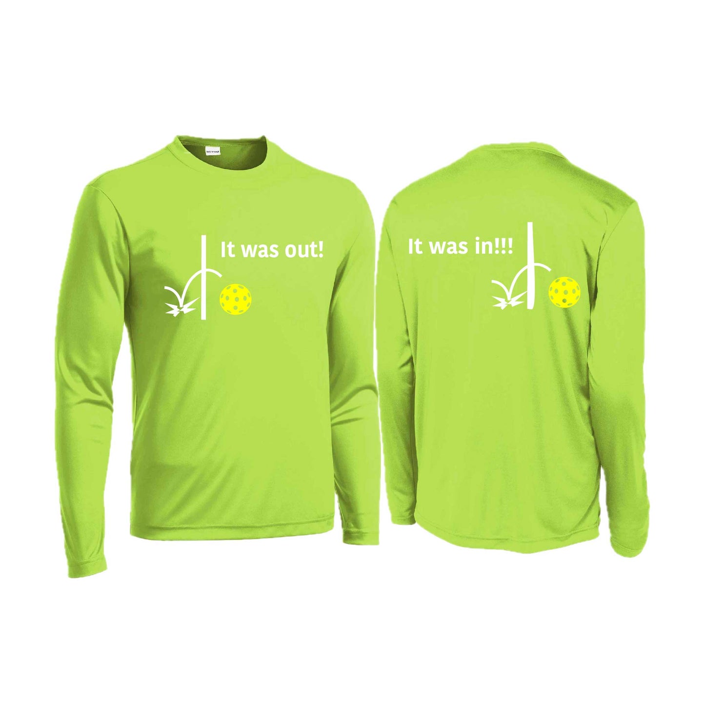 It Was Out! It Was In! (Pickleballs Red White Yellow) | Men's Long Sleeve  Performance Athletic Performance Shirt | 100% Polyester