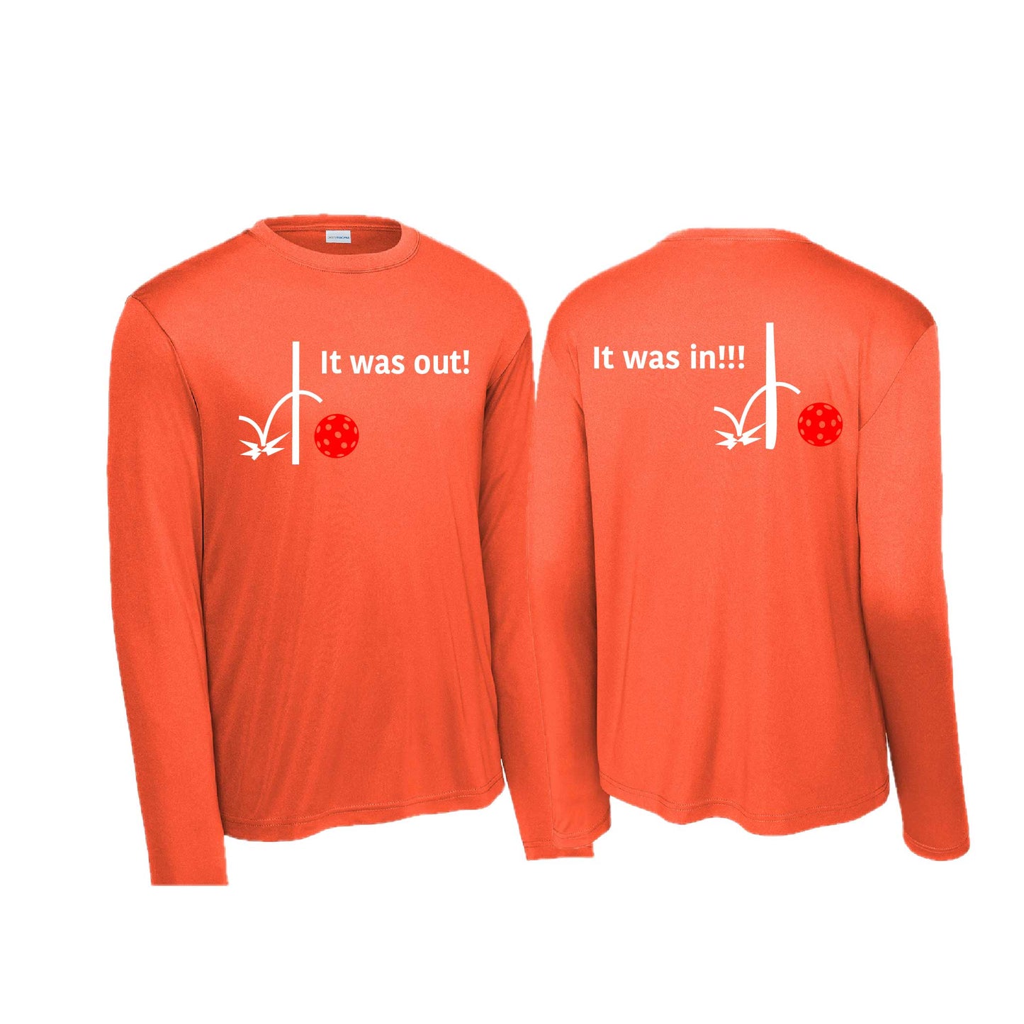 It Was Out! It Was In! (Pickleballs Red White Yellow) | Men's Long Sleeve  Performance Athletic Performance Shirt | 100% Polyester