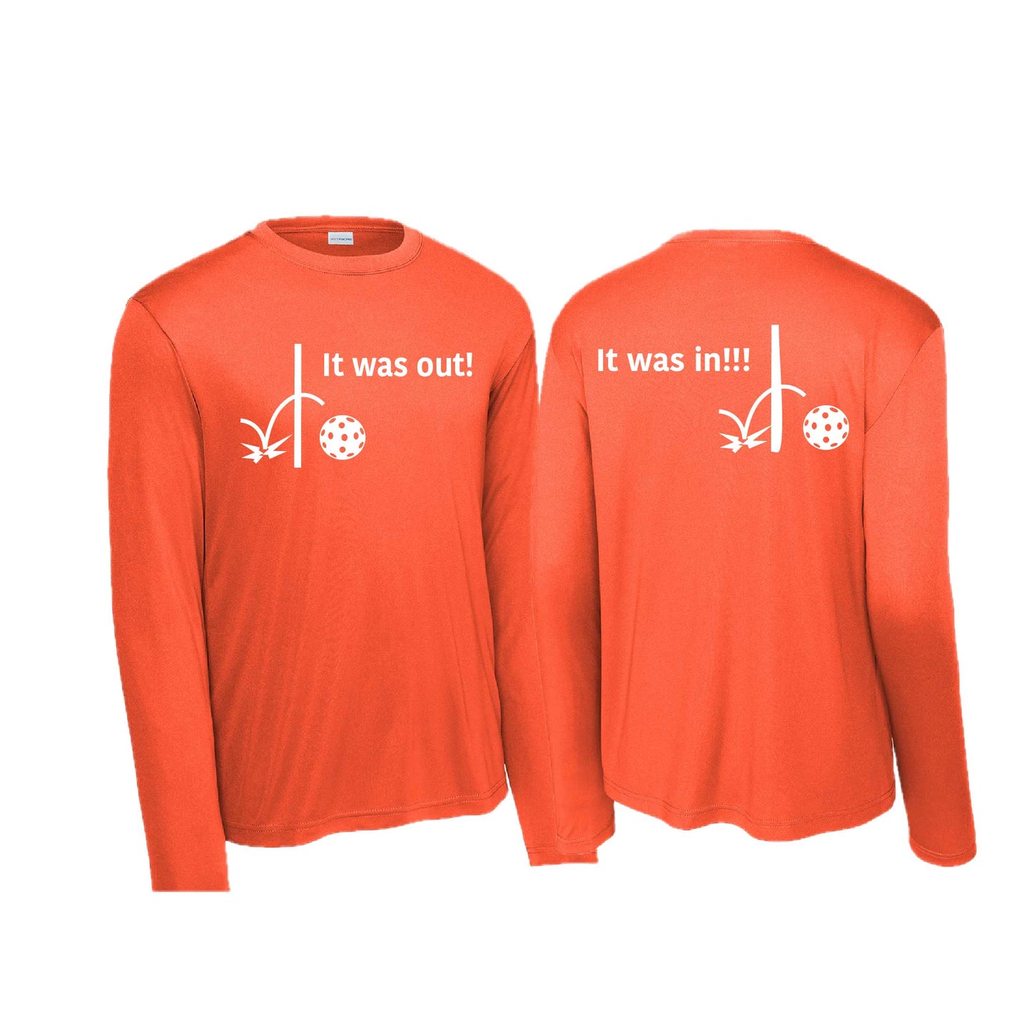 It Was Out! It Was In! (Pickleballs Red White Yellow) | Men's Long Sleeve  Performance Athletic Performance Shirt | 100% Polyester
