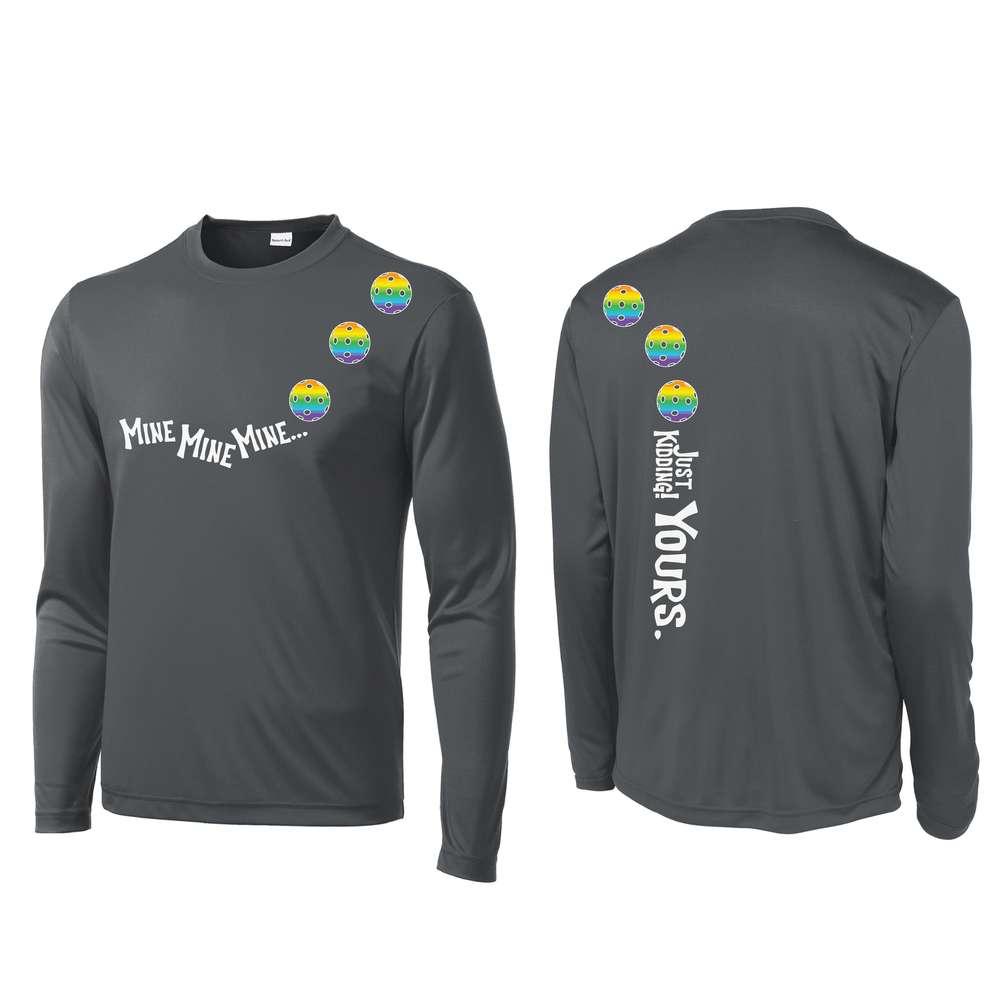 Mine JK Yours (Pickleballs Pink Purple Rainbow) | Men's Long Sleeve Athletic Shirt | 100% Polyester