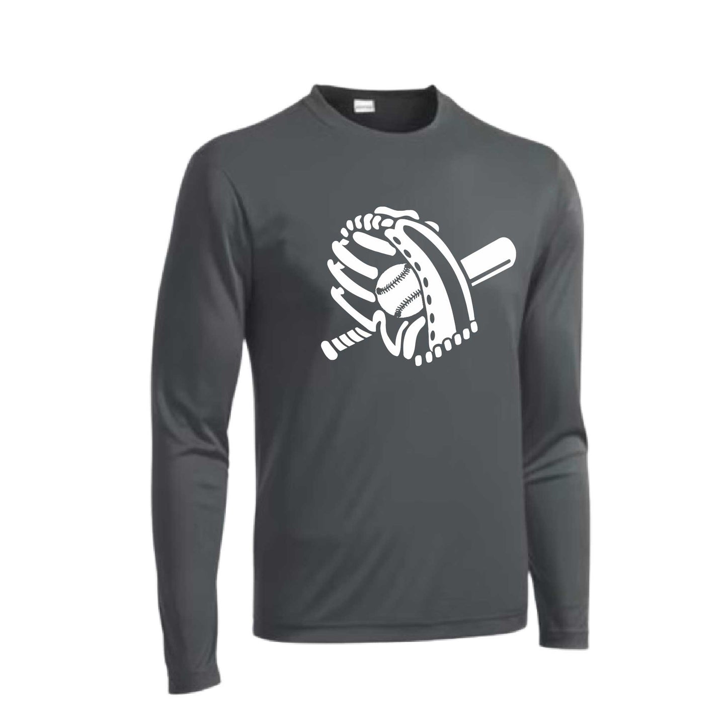 Baseball Mitt & Ball | Men's Long Sleeve Athletic Baseball Performance T-Shirt | 100% Polyester