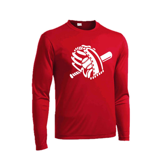 Baseball Mitt & Ball | Men's Long Sleeve Athletic Baseball Performance T-Shirt | 100% Polyester