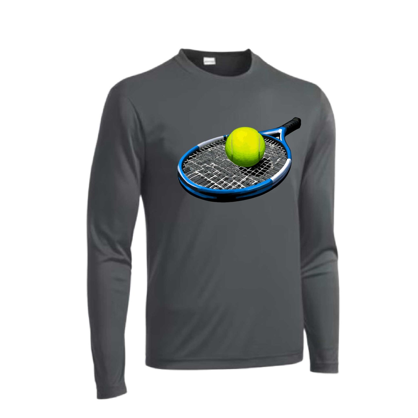 Tennis Racquet and Ball | Men's Long Sleeve Athletic Tennis Performance T-Shirt | 100% Polyester