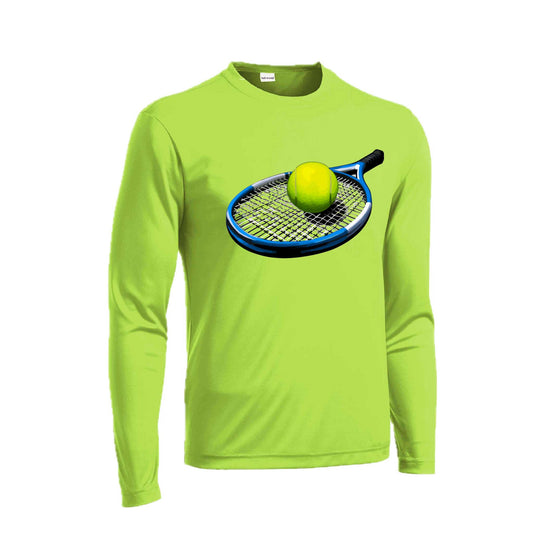 Tennis Racquet and Ball | Men's Long Sleeve Athletic Tennis Performance T-Shirt | 100% Polyester