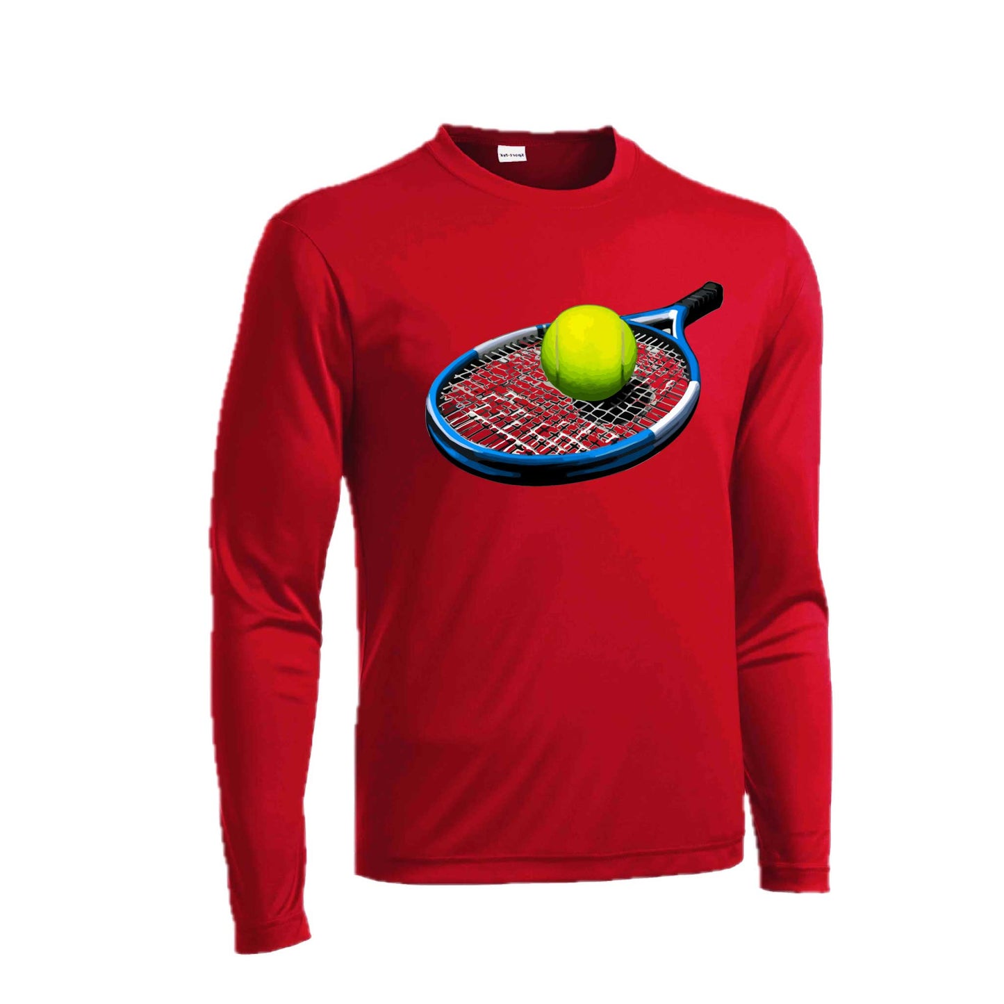 Tennis Racquet and Ball | Men's Long Sleeve Athletic Tennis Performance T-Shirt | 100% Polyester