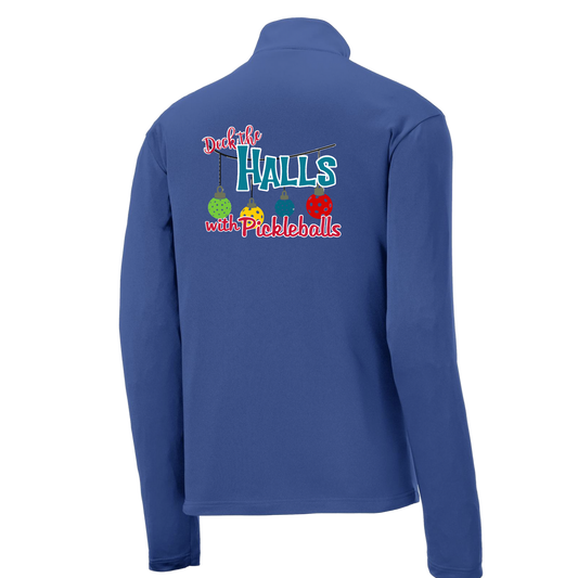 Deck the Halls with Pickleballs | Men's 1/4 Zip Long Sleeve Pullover Athletic Shirt | 100% Polyester