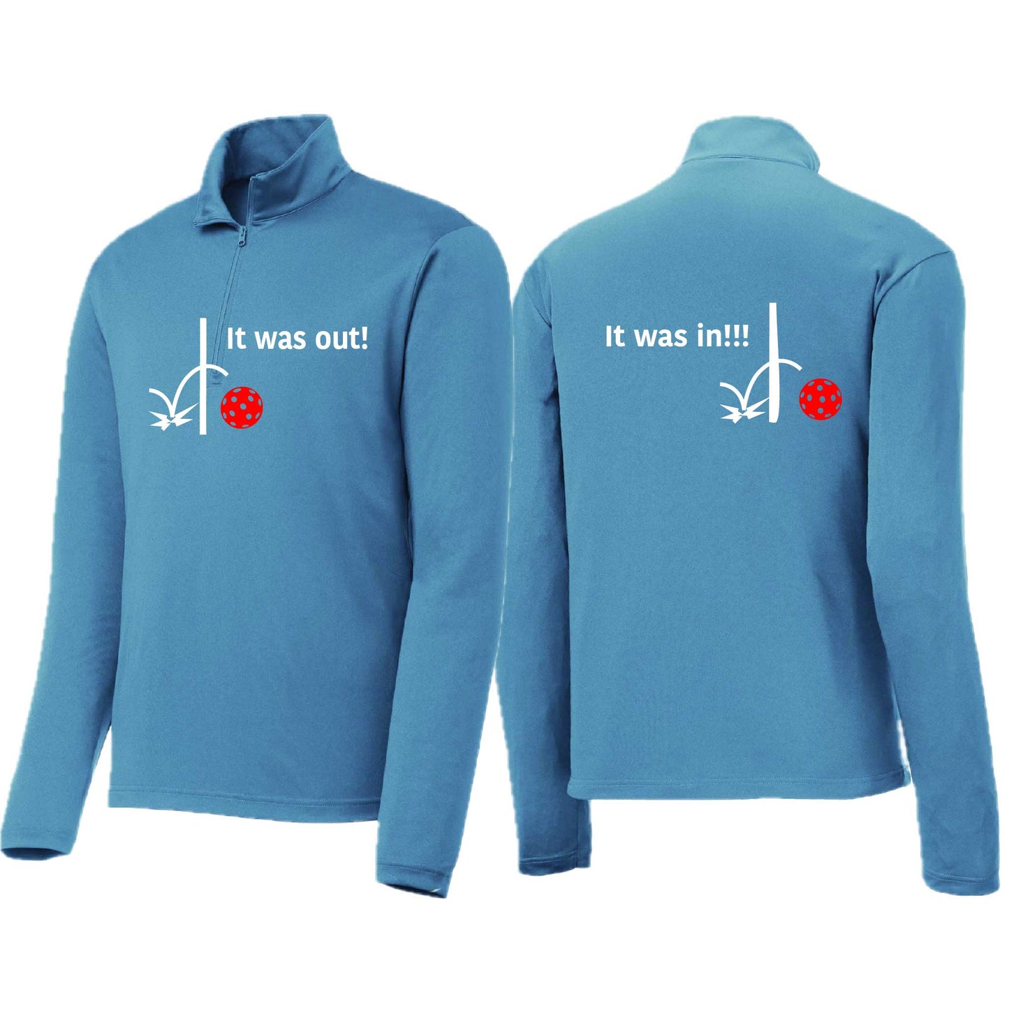 It Was Out! It Was In! (Pickleballs Red White Yellow) | Men's 1/4 Zip Long Sleeve Pullover Athletic Performance Shirt | 100% Polyester