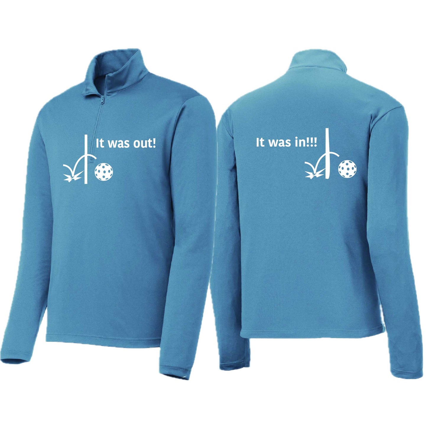 It Was Out! It Was In! (Pickleballs Red White Yellow) | Men's 1/4 Zip Long Sleeve Pullover Athletic Performance Shirt | 100% Polyester