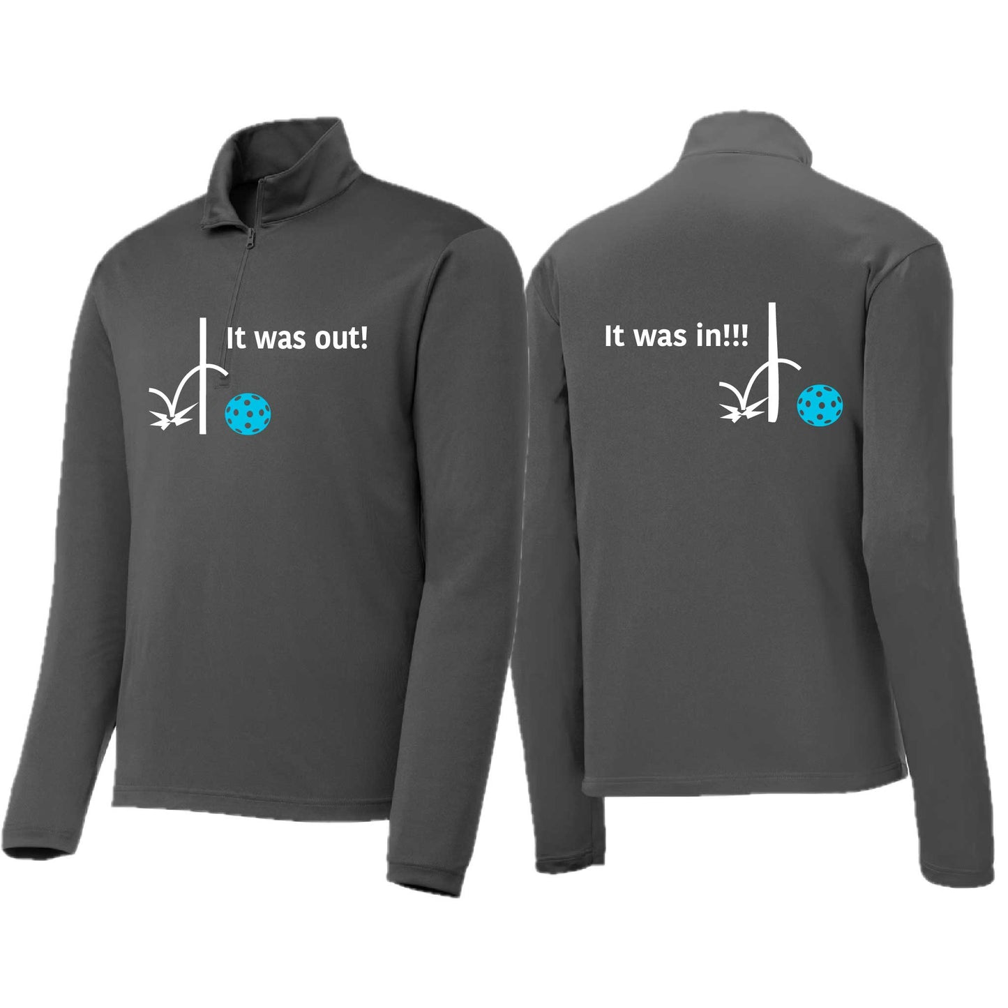 It Was Out! It Was In! (Pickleballs Cyan Green Orange) | Men's 1/4 Zip Long Sleeve Pullover Athletic Performance Shirt | 100% Polyester