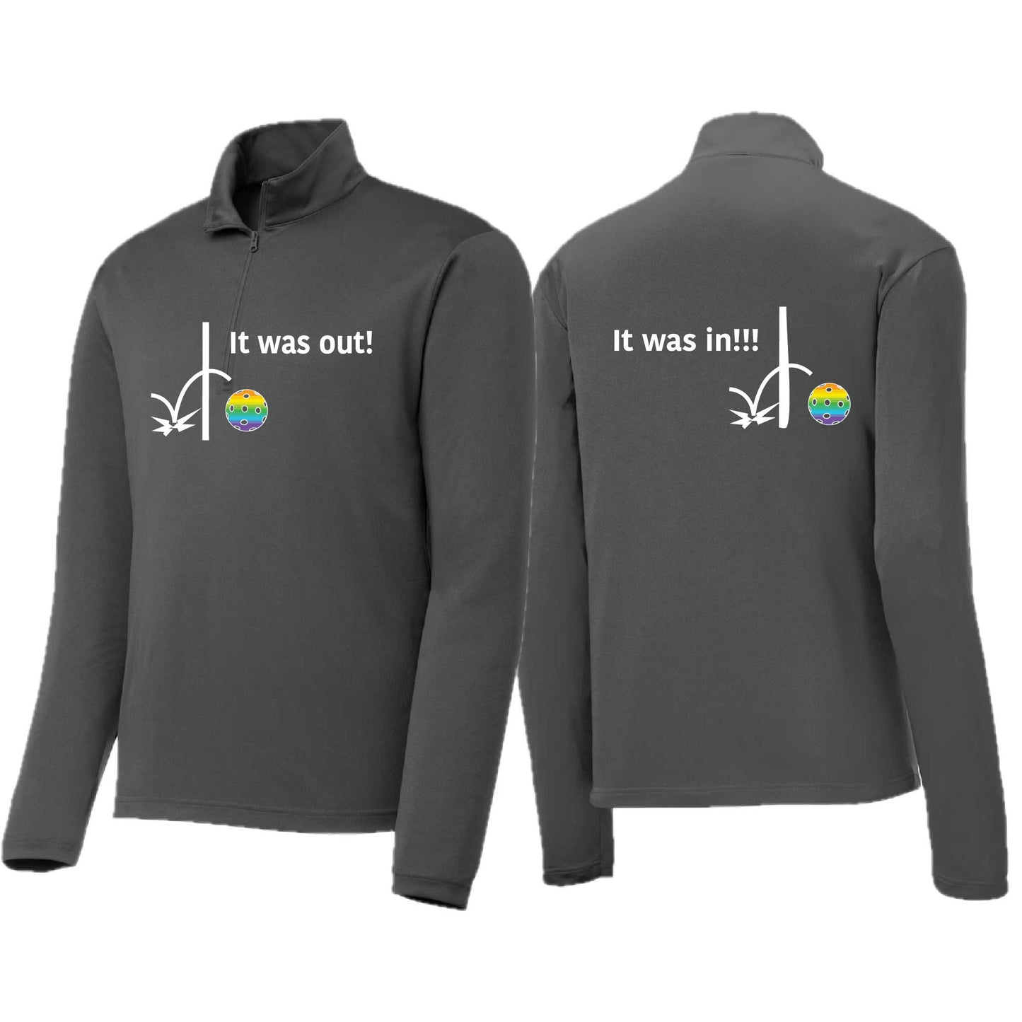 It Was Out! It Was In! (Pickleballs Pink Purple Rainbow) | Men's 1/4 Zip Long Sleeve Pullover Athletic Performance Shirt | 100% Polyester