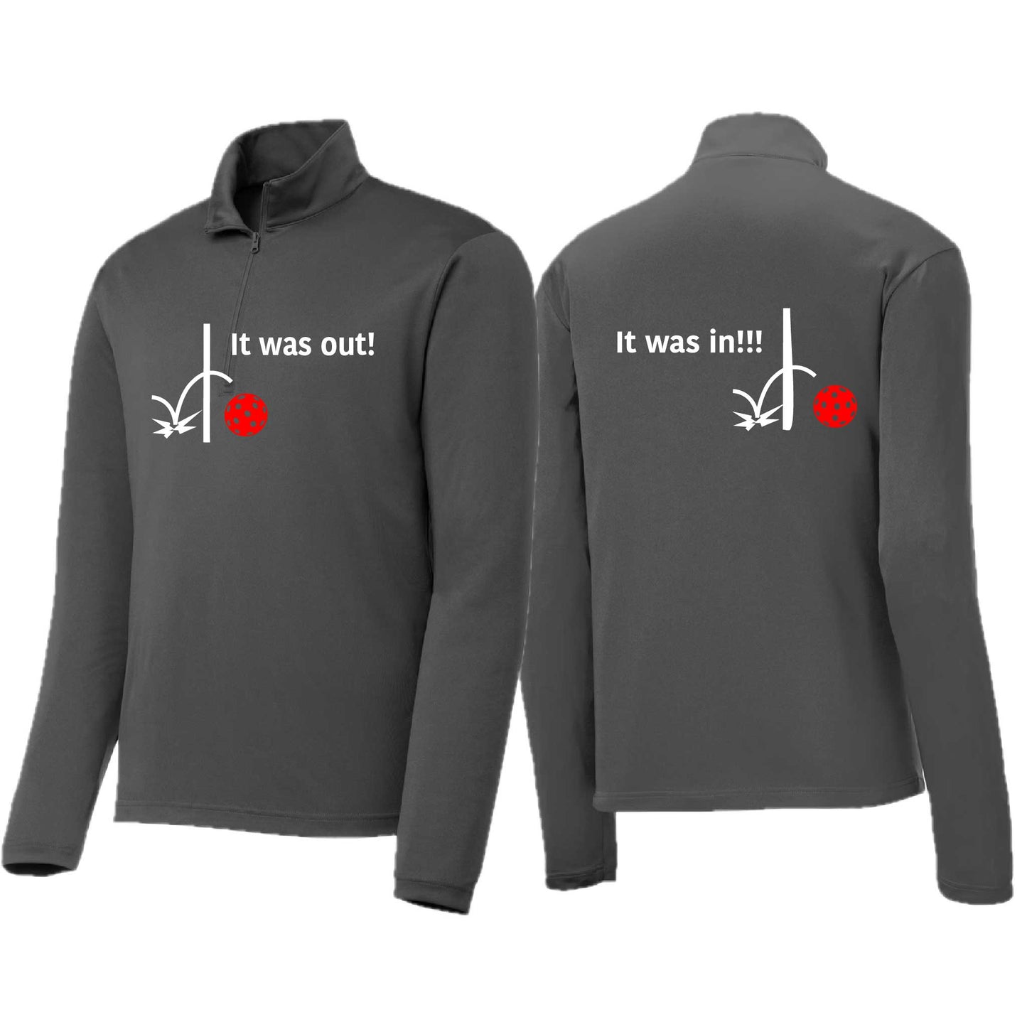 It Was Out! It Was In! (Pickleballs Red White Yellow) | Men's 1/4 Zip Long Sleeve Pullover Athletic Performance Shirt | 100% Polyester