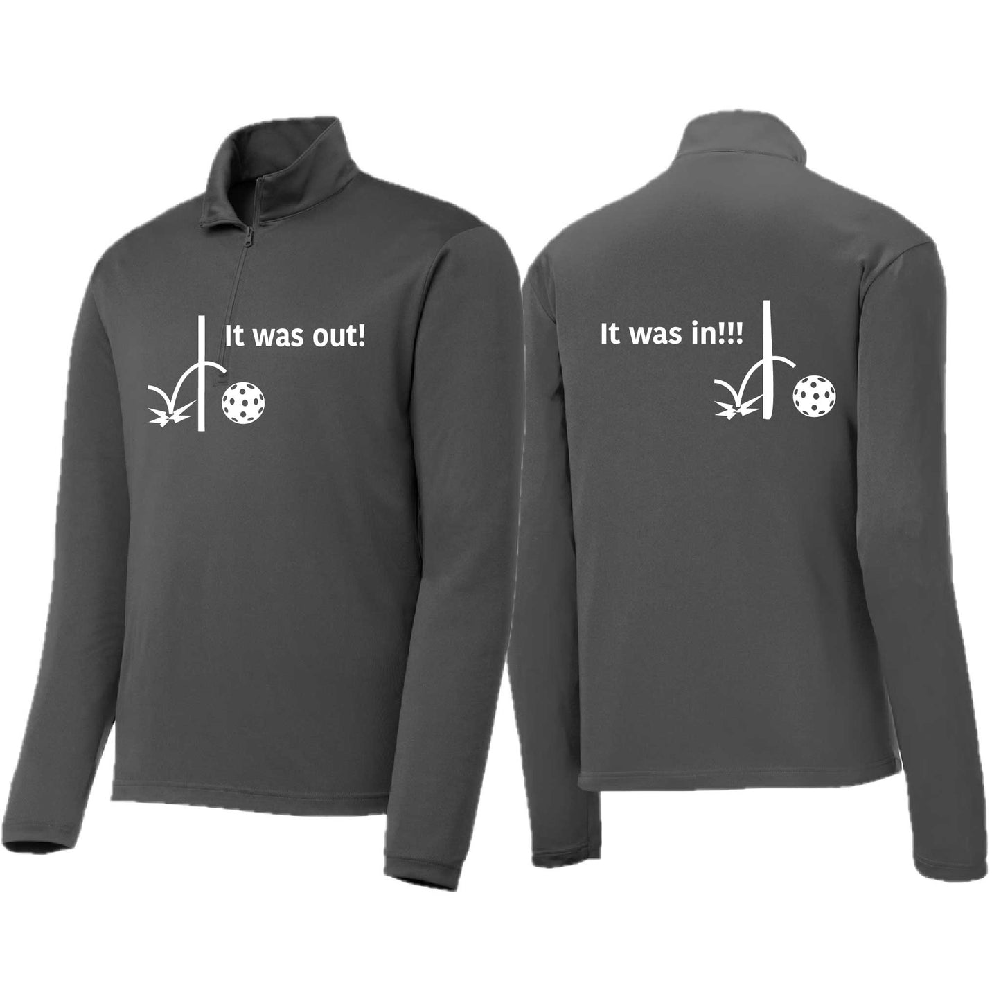 It Was Out! It Was In! (Pickleballs Red White Yellow) | Men's 1/4 Zip Long Sleeve Pullover Athletic Performance Shirt | 100% Polyester