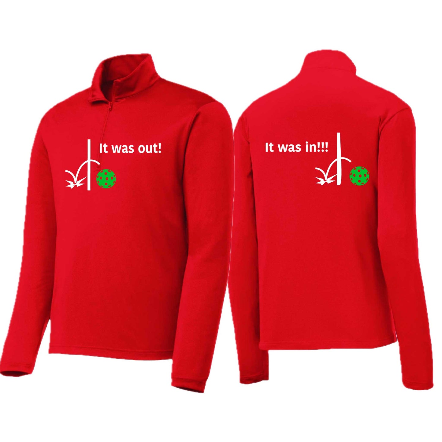 It Was Out! It Was In! (Pickleballs Cyan Green Orange) | Men's 1/4 Zip Long Sleeve Pullover Athletic Performance Shirt | 100% Polyester