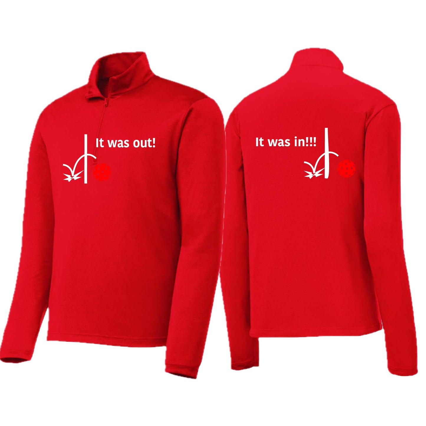 It Was Out! It Was In! (Pickleballs Red White Yellow) | Men's 1/4 Zip Long Sleeve Pullover Athletic Performance Shirt | 100% Polyester