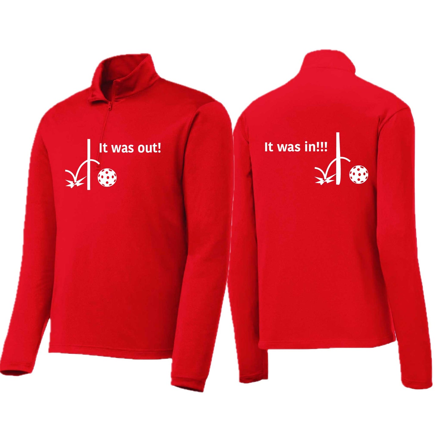 It Was Out! It Was In! (Pickleballs Red White Yellow) | Men's 1/4 Zip Long Sleeve Pullover Athletic Performance Shirt | 100% Polyester