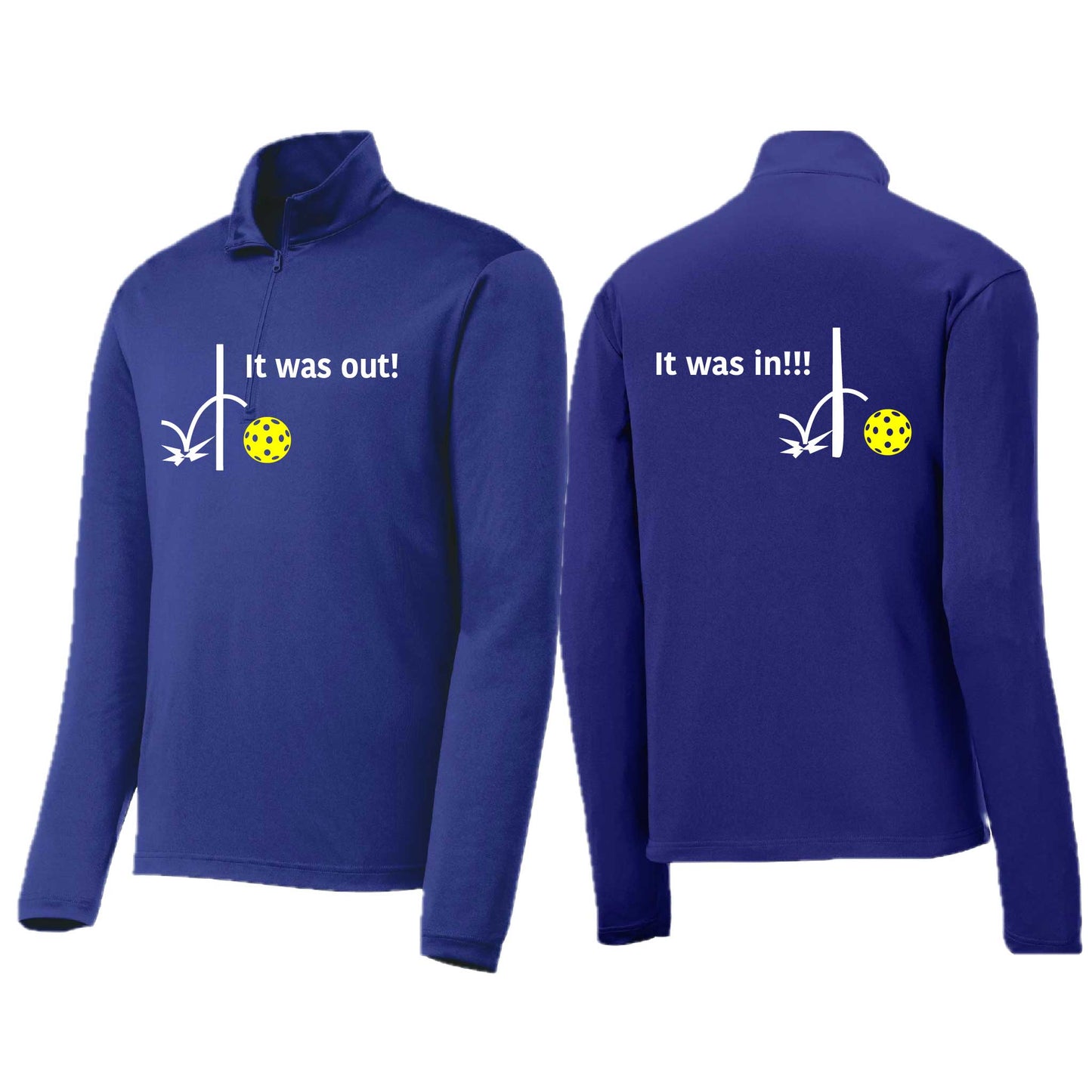 It Was Out! It Was In! (Pickleballs Red White Yellow) | Men's 1/4 Zip Long Sleeve Pullover Athletic Performance Shirt | 100% Polyester