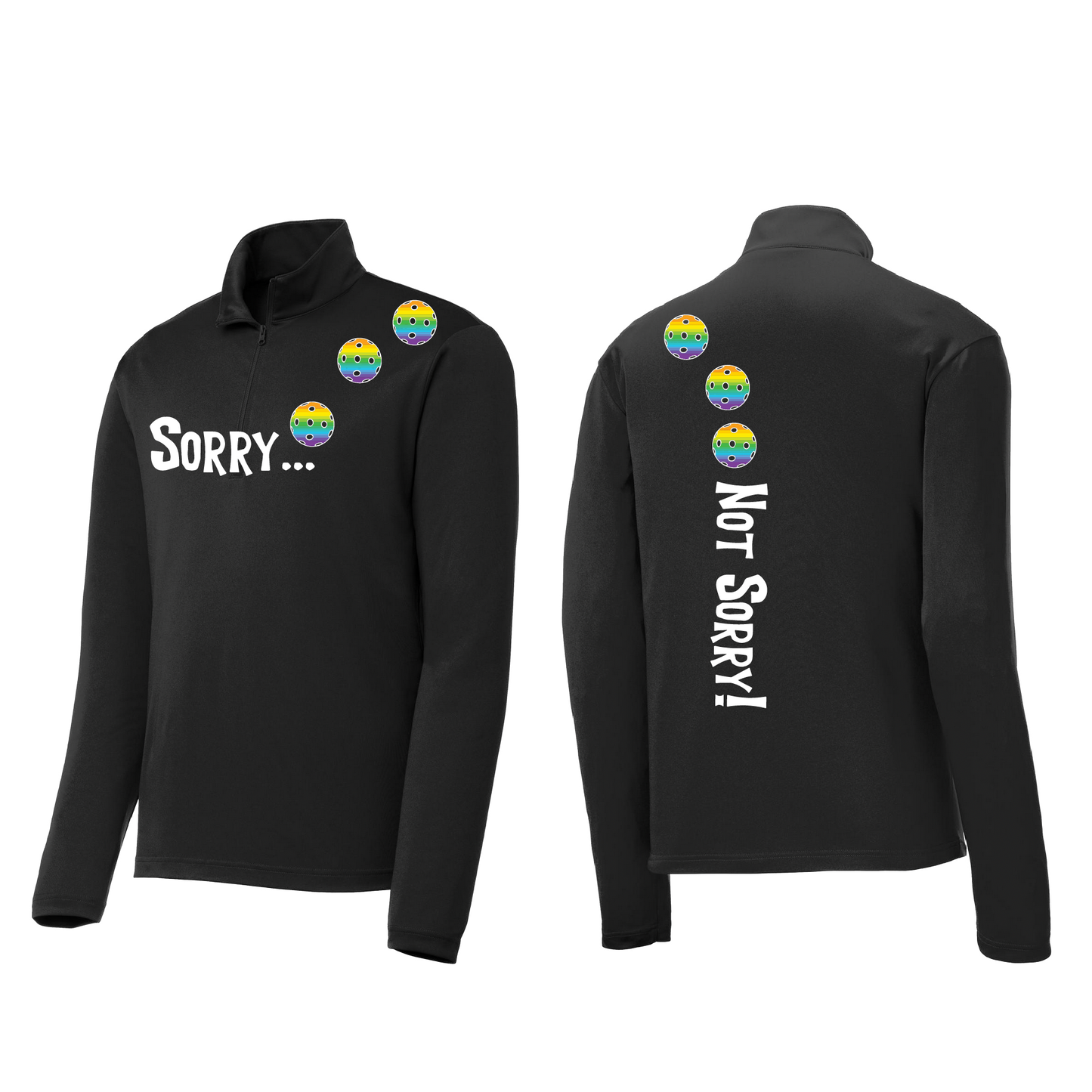 Sorry Not Sorry With Pickleballs (Pink Rainbow Red) | Men's 1/4 Zip Long Sleeve Pullover Athletic Shirt | 100% Polyester