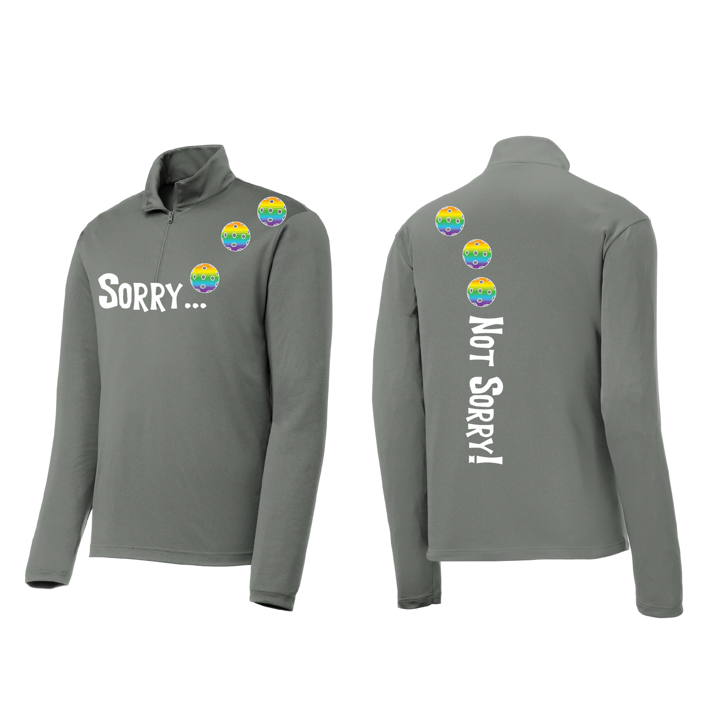 Sorry Not Sorry (Pickleballs Pink Purple Rainbow) | Men's 1/4 Zip Long Sleeve Pullover Athletic Shirt | 100% Polyester