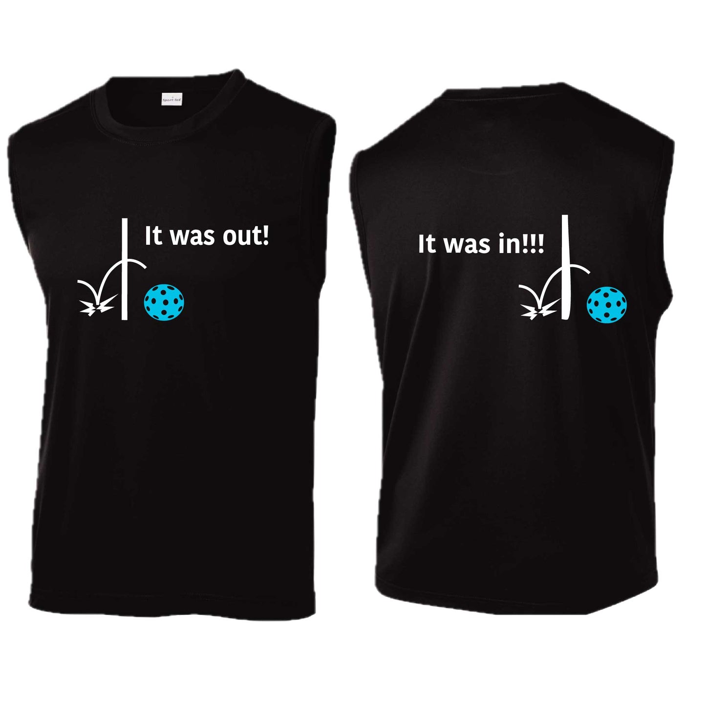 It Was Out! It Was In! (Pickleballs Cyan Green Orange) | Men's Sleeveless Athletic Performance T-Shirt | 100% Polyester