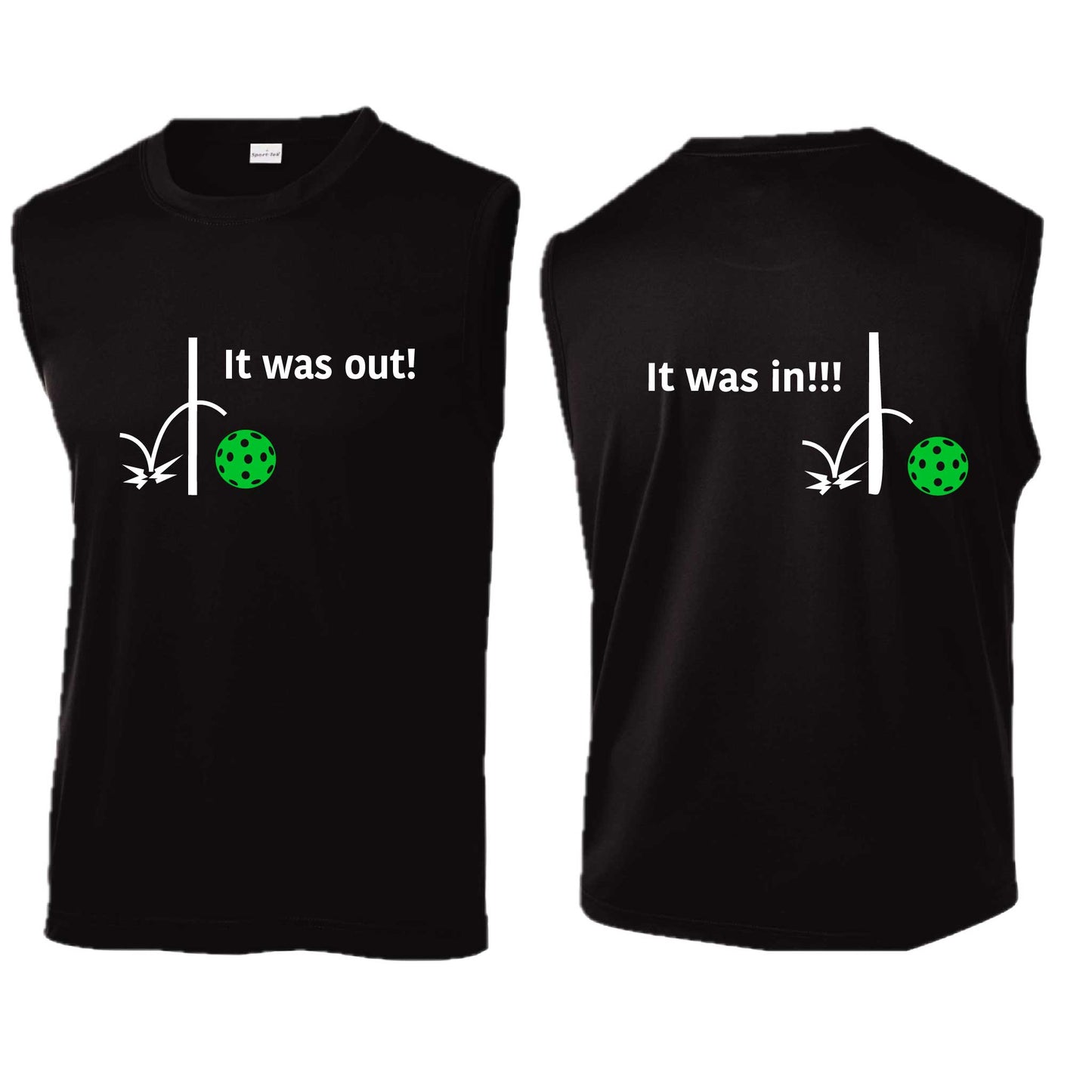 It Was Out! It Was In! (Pickleballs Cyan Green Orange) | Men's Sleeveless Athletic Performance T-Shirt | 100% Polyester