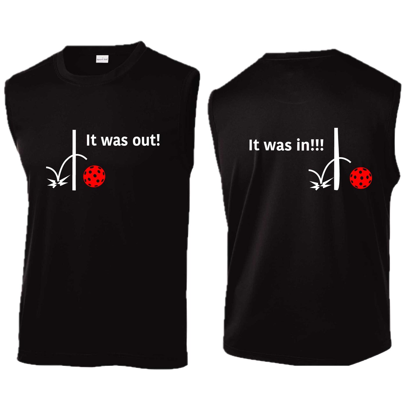 It Was Out! It Was In! (Pickleballs Red White Yellow) | Men's Sleeveless Athletic Performance T-Shirt | 100% Polyester