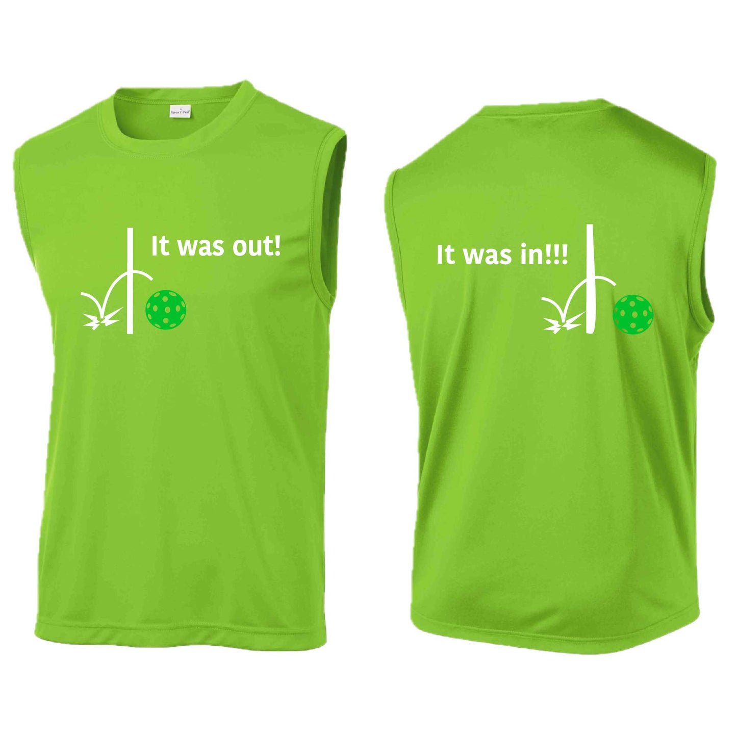 It Was Out! It Was In! (Pickleballs Cyan Green Orange) | Men's Sleeveless Athletic Performance T-Shirt | 100% Polyester