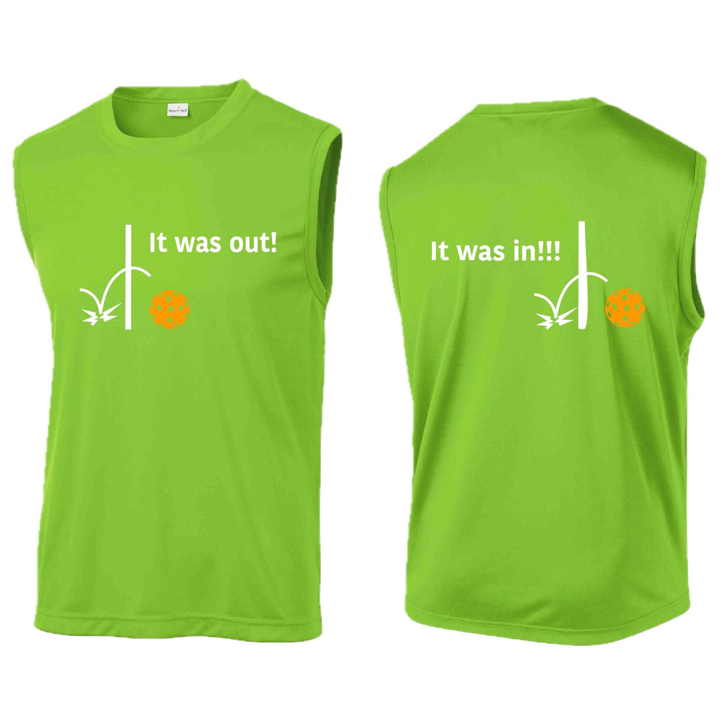 It Was Out! It Was In! (Pickleballs Cyan Green Orange) | Men's Sleeveless Athletic Performance T-Shirt | 100% Polyester