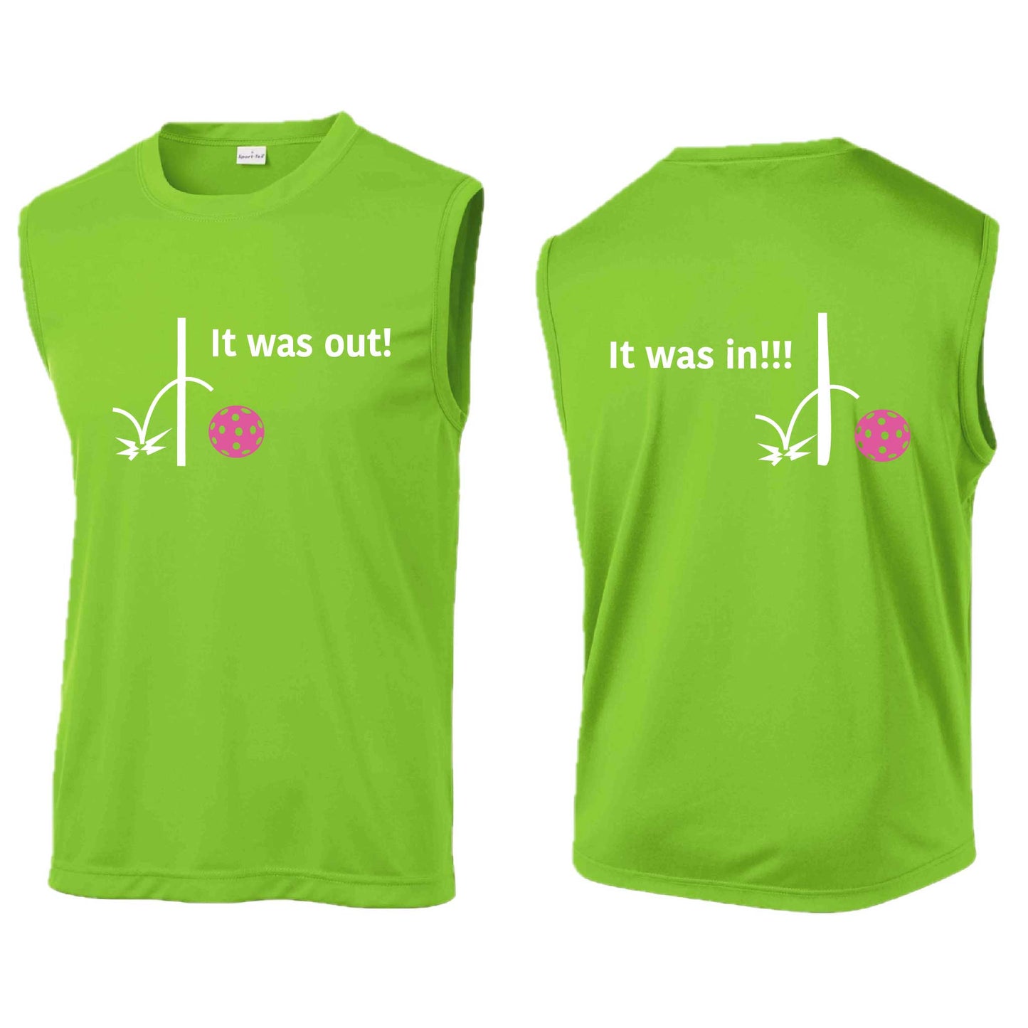 It Was Out! It Was In! (Pickleballs Pink Purple Rainbow) | Men's Sleeveless Athletic Performance T-Shirt | 100% Polyester