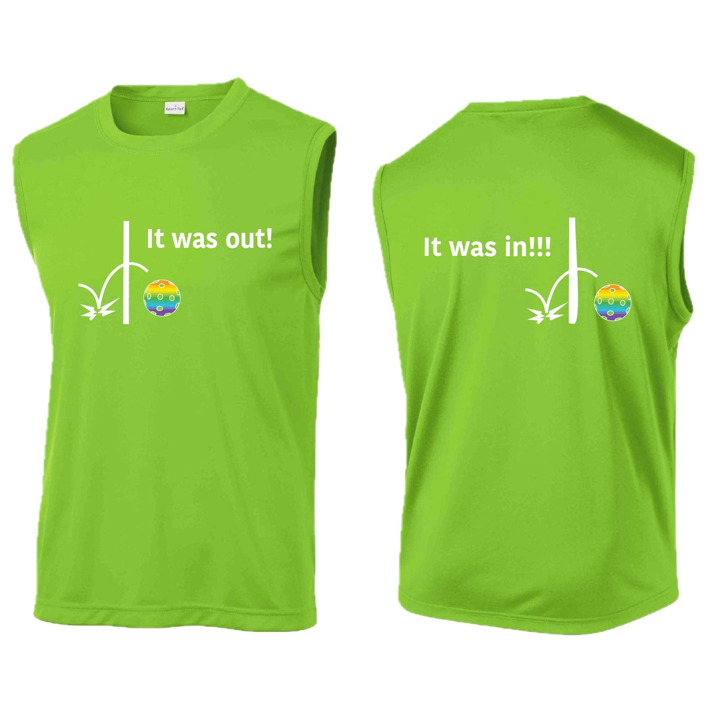 It Was Out! It Was In! (Pickleballs Pink Purple Rainbow) | Men's Sleeveless Athletic Performance T-Shirt | 100% Polyester