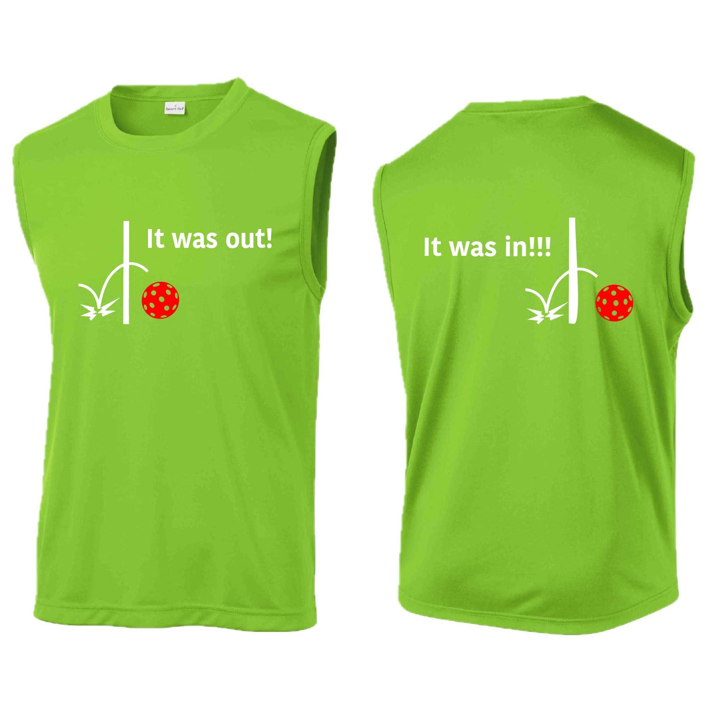 It Was Out! It Was In! (Pickleballs Red White Yellow) | Men's Sleeveless Athletic Performance T-Shirt | 100% Polyester