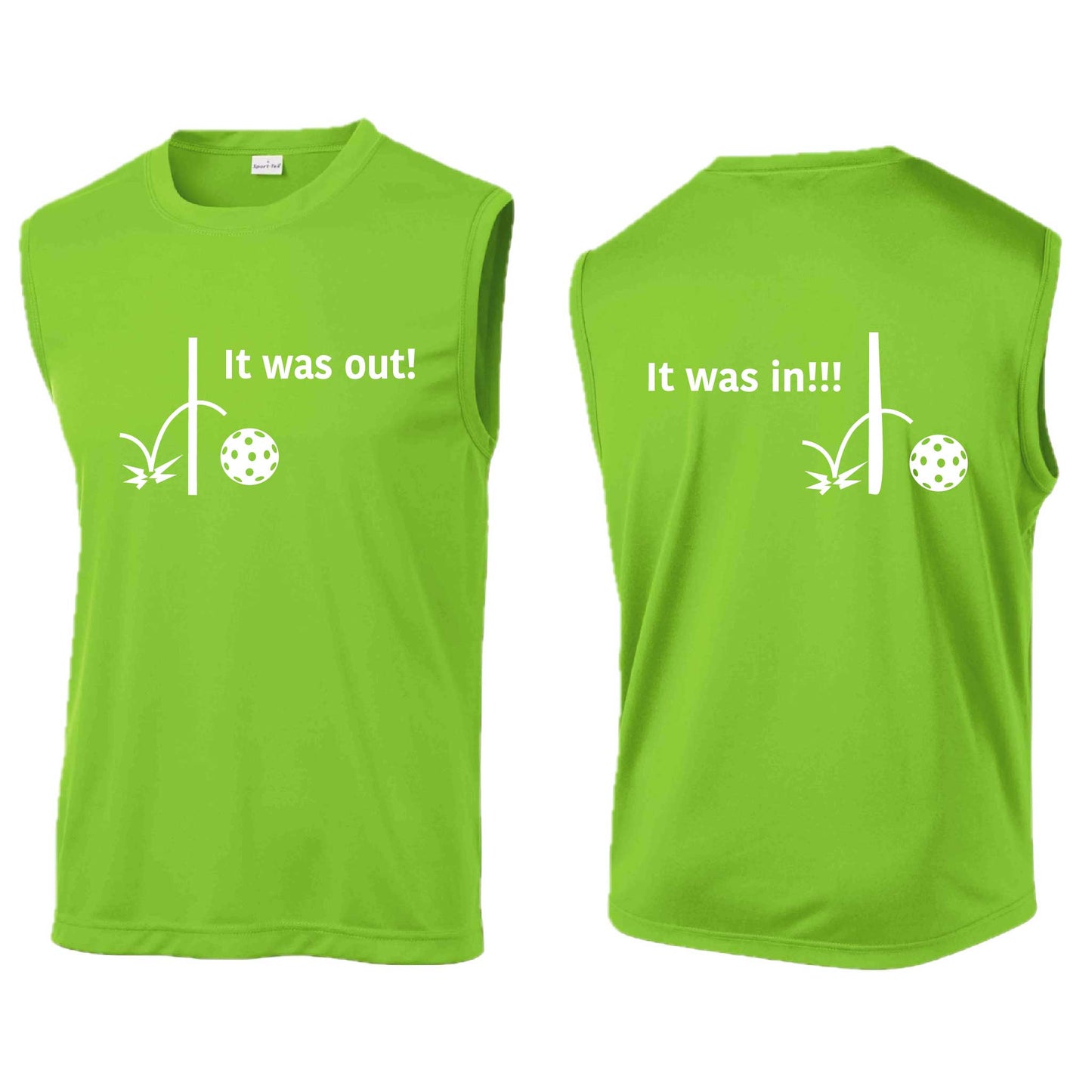 It Was Out! It Was In! (Pickleballs Red White Yellow) | Men's Sleeveless Athletic Performance T-Shirt | 100% Polyester