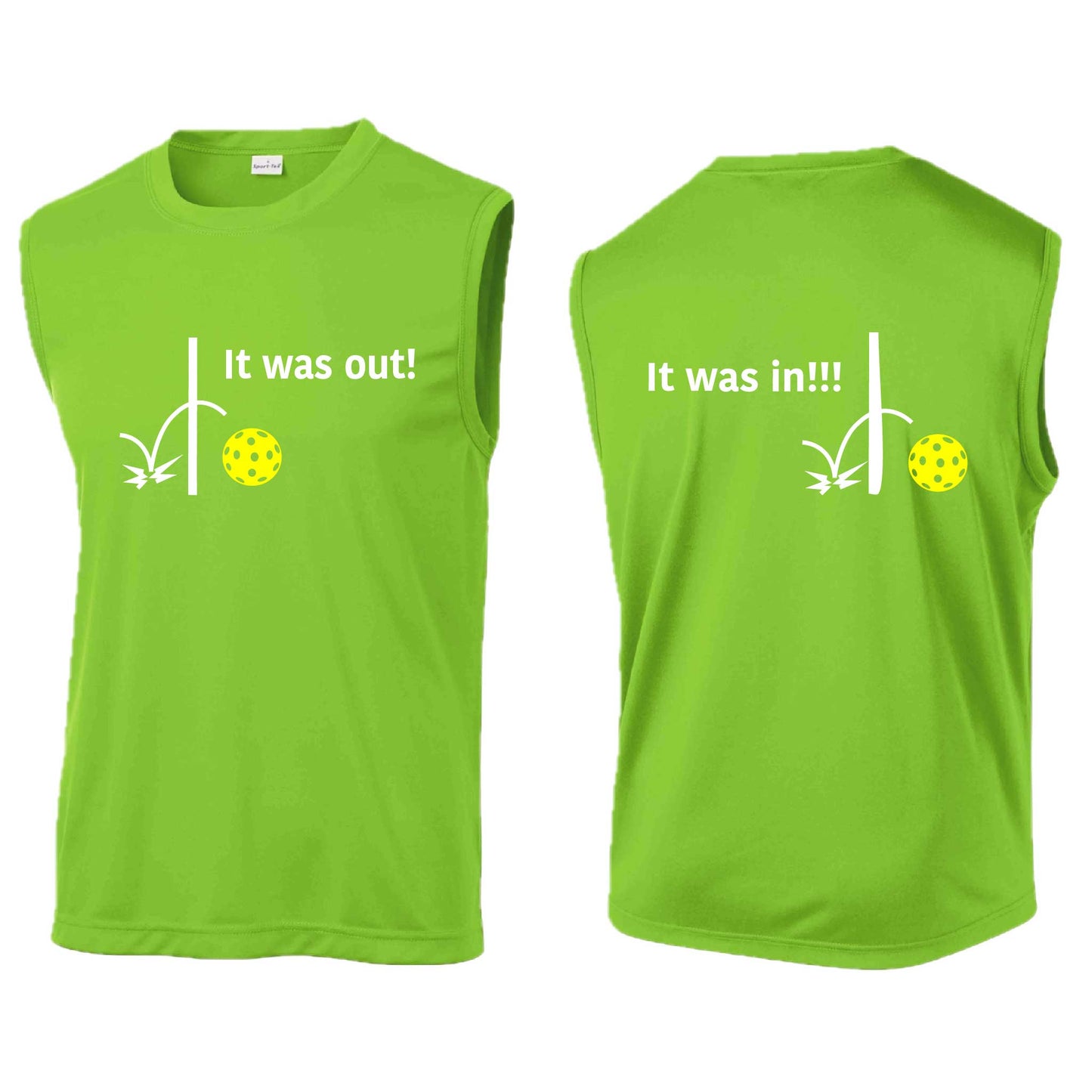 It Was Out! It Was In! (Pickleballs Red White Yellow) | Men's Sleeveless Athletic Performance T-Shirt | 100% Polyester
