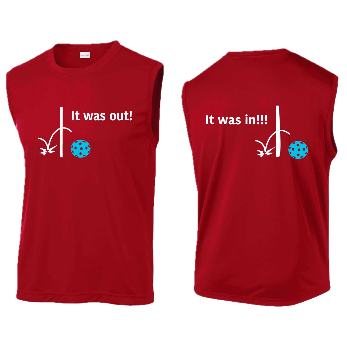 It Was Out! It Was In! (Pickleballs Cyan Green Orange) | Men's Sleeveless Athletic Performance T-Shirt | 100% Polyester